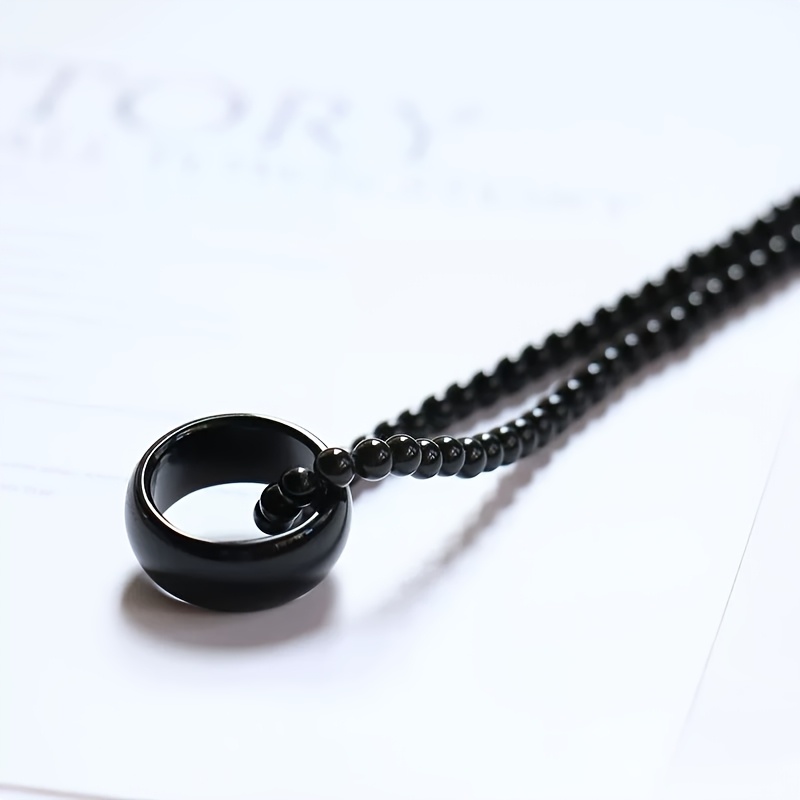 Natural Black Agate Round Ring Pendant Necklace, Unisex